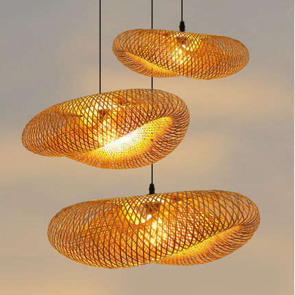Japanese Style Bamboo Chandelier, Straw Hat Shaped Woven Hanging Pendant Light for Dining Room, Living Room, Bedroom & Cafe