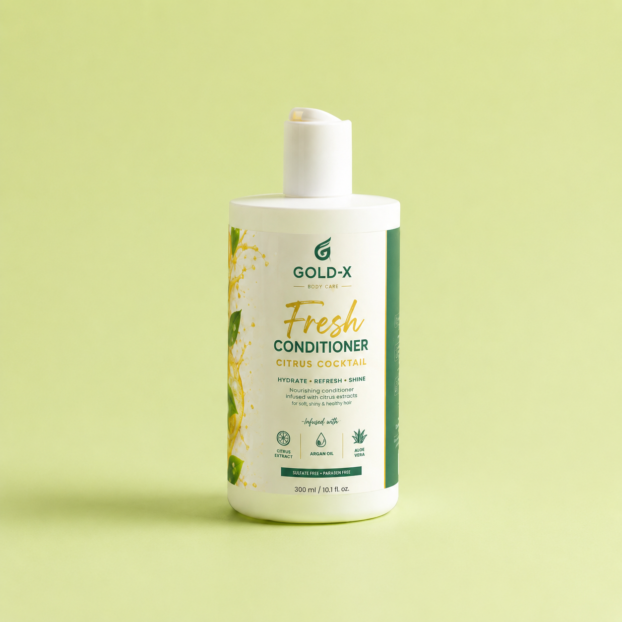 A bottle of Gold-X Fresh Conditioner in Citrus Cocktail scent, featuring a white pump dispenser and a label with green and gold accents, set against a solid pale green background.