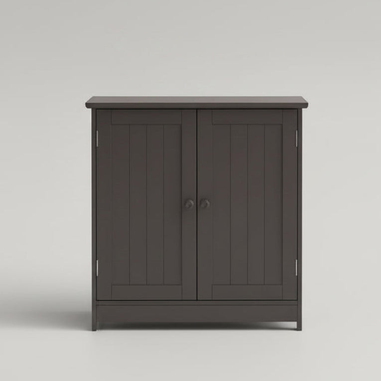 A modern bathroom vanity set featuring a dark gray wood cabinet with two doors, a white ceramic vessel sink, and a slim chrome faucet, shown against a neutral light gray background.