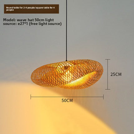 Japanese Style Bamboo Chandelier, Straw Hat Shaped Woven Hanging Pendant Light for Dining Room, Living Room, Bedroom & Cafe