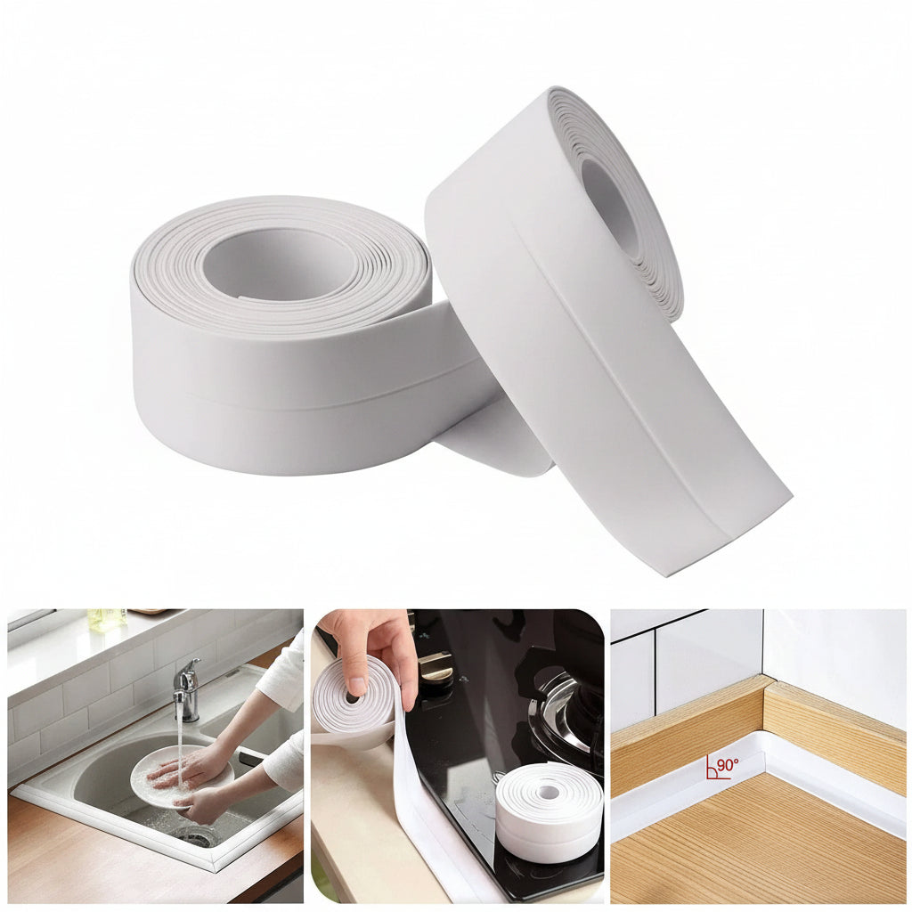 White adhesive strip with roll, usage examples, and product details on a white background.