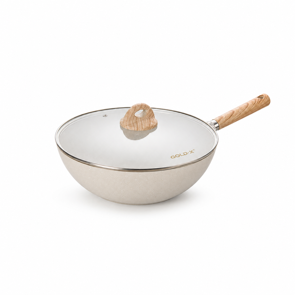 Nonstick Deep Wok Pan with Glass Lid & Wooden Handle, 3L Induction & Gas Compatible Cooking Wok