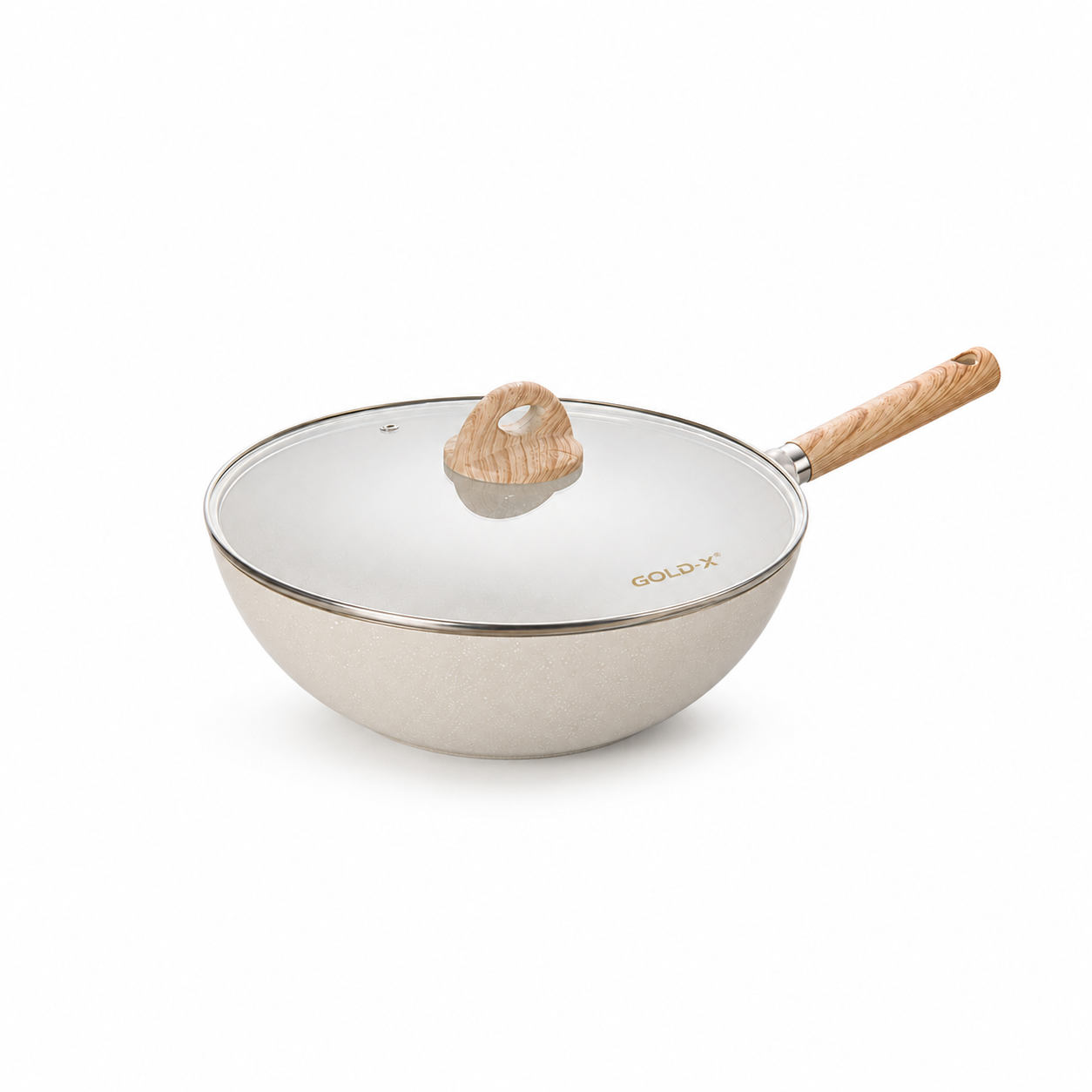 Nonstick Deep Wok Pan with Glass Lid & Wooden Handle, 3L Induction & Gas Compatible Cooking Wok