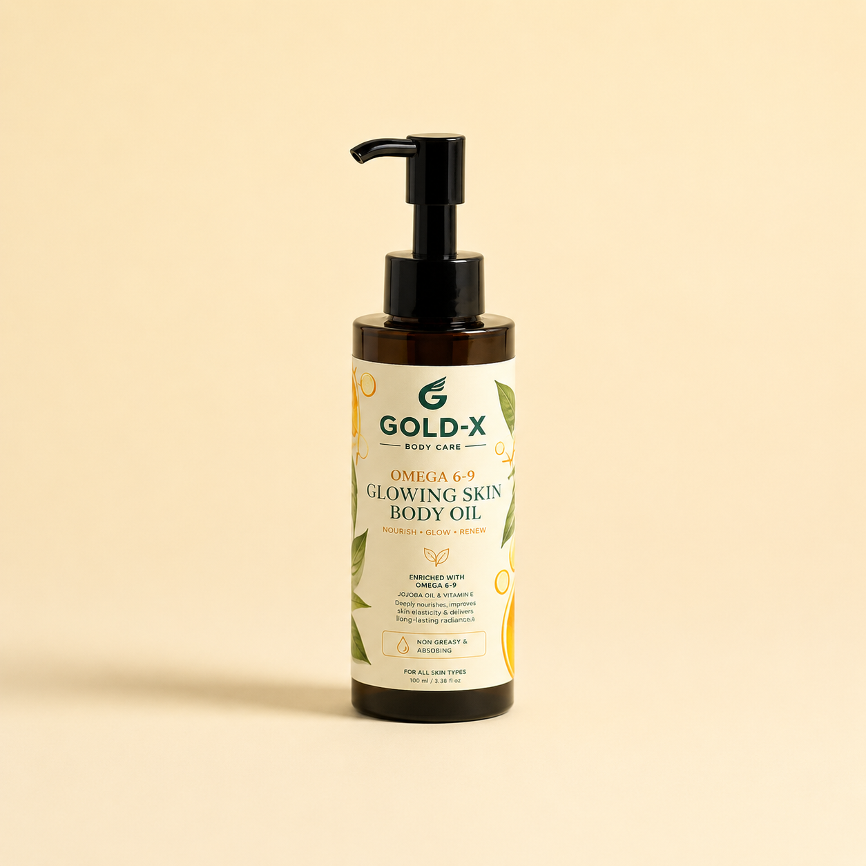 A bottle of Gold-X Body Care Omega 3+ Glowing Skin Body Oil with a black pump dispenser and cream-colored label, set against a solid beige background.