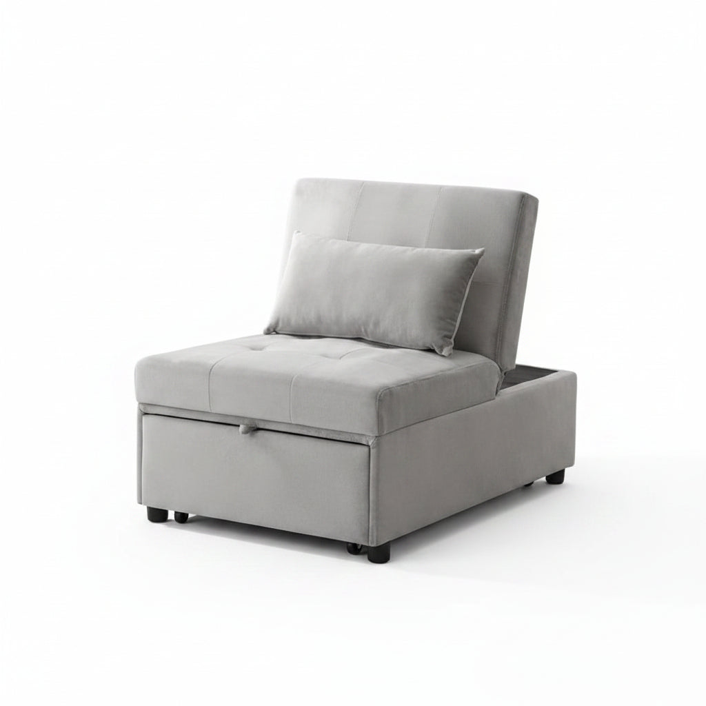 Gray storage chair in a room with a plant and dresser.