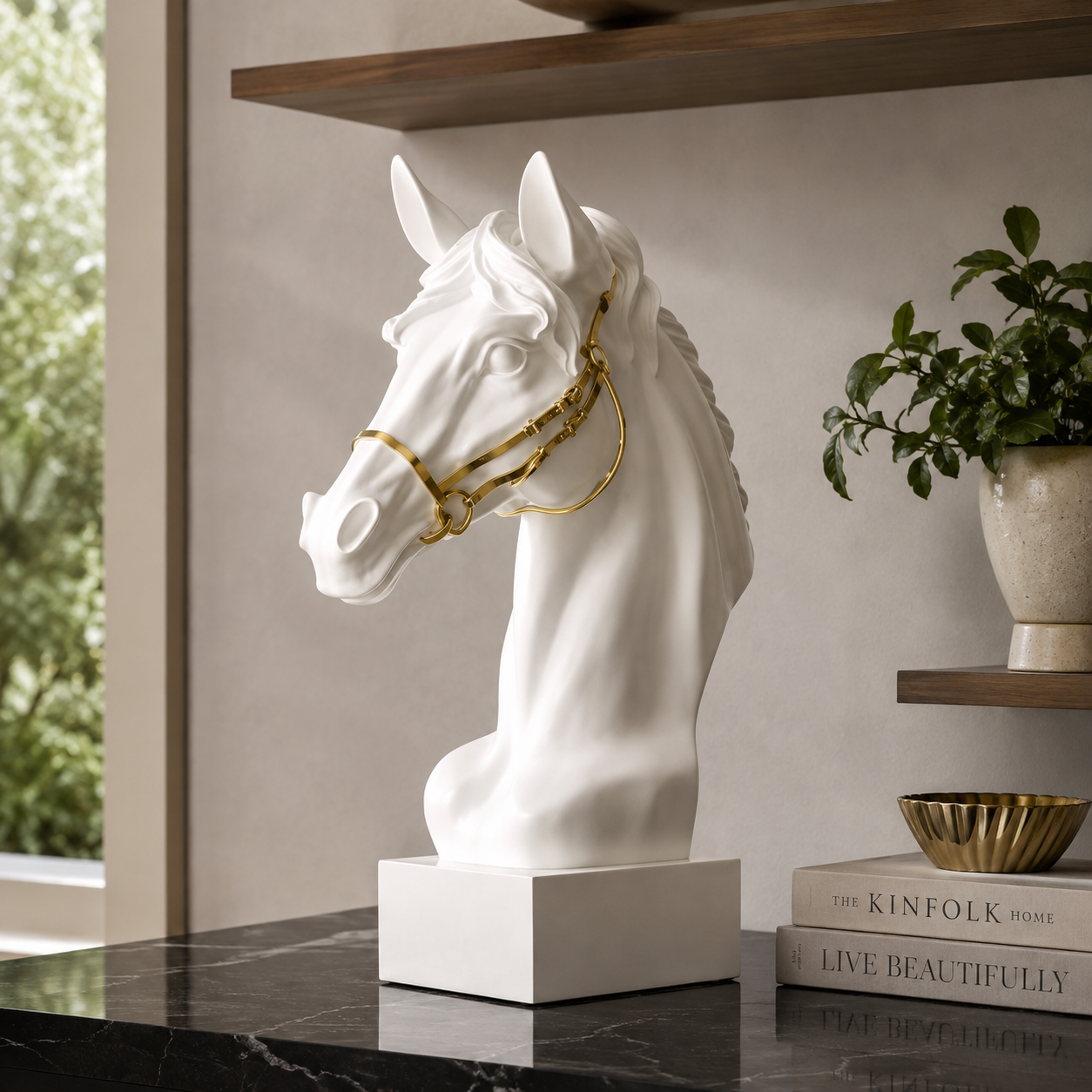 Modern Horse Head Sculpture, Minimalist Resin Tabletop Decor for Living Room, Office & Home, Gold-x