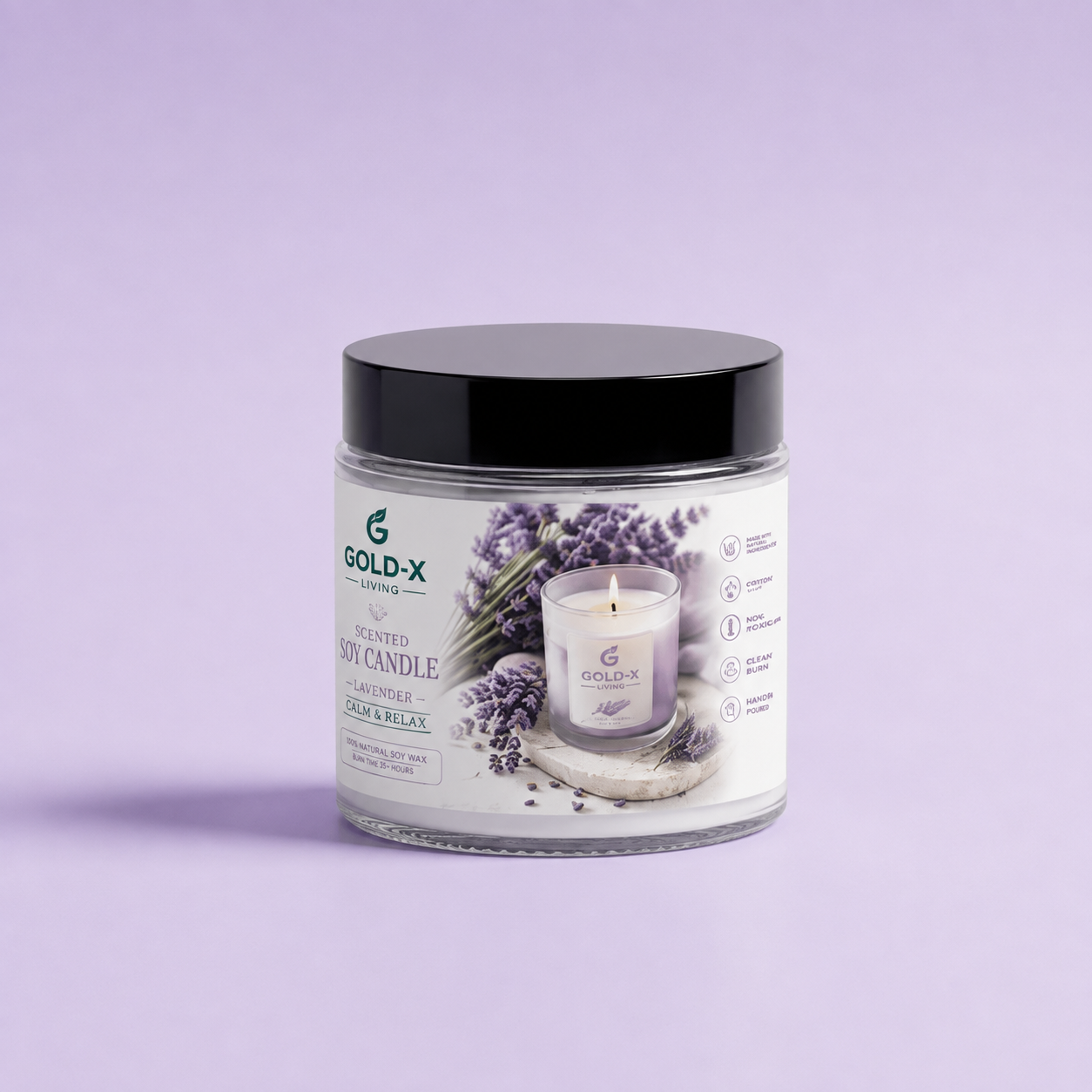 A Gold-X Lavender Relax soy candle in a clear glass jar with a black lid, set against a solid lavender background. The label features illustrations of lavender flowers and a small candle.