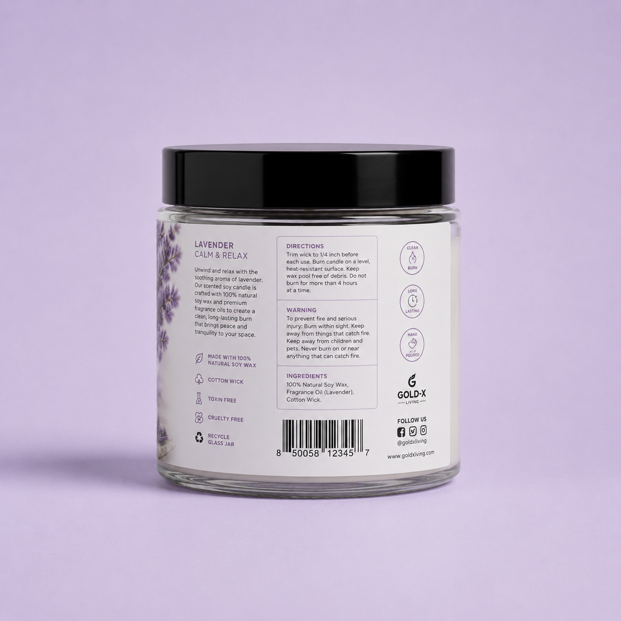 The back of a Gold-X Lavender Cream & Relax jar, showing the label text, barcode, and icons, set against a solid lavender background.