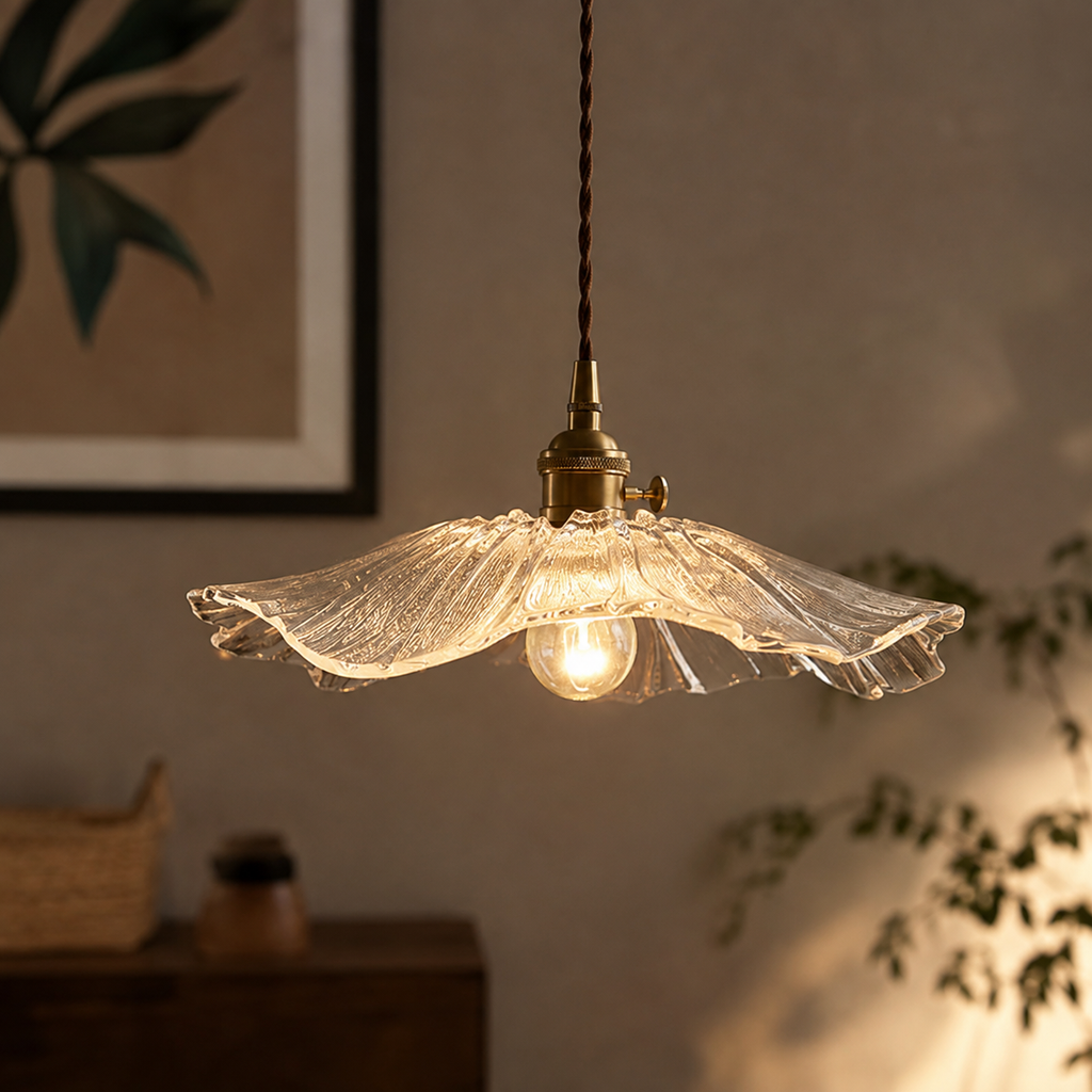 Modern Lotus Leaf Glass Pendant Light, Vintage Copper Hanging Ceiling Lamp for Dining Room, Kitchen Island & Living Room