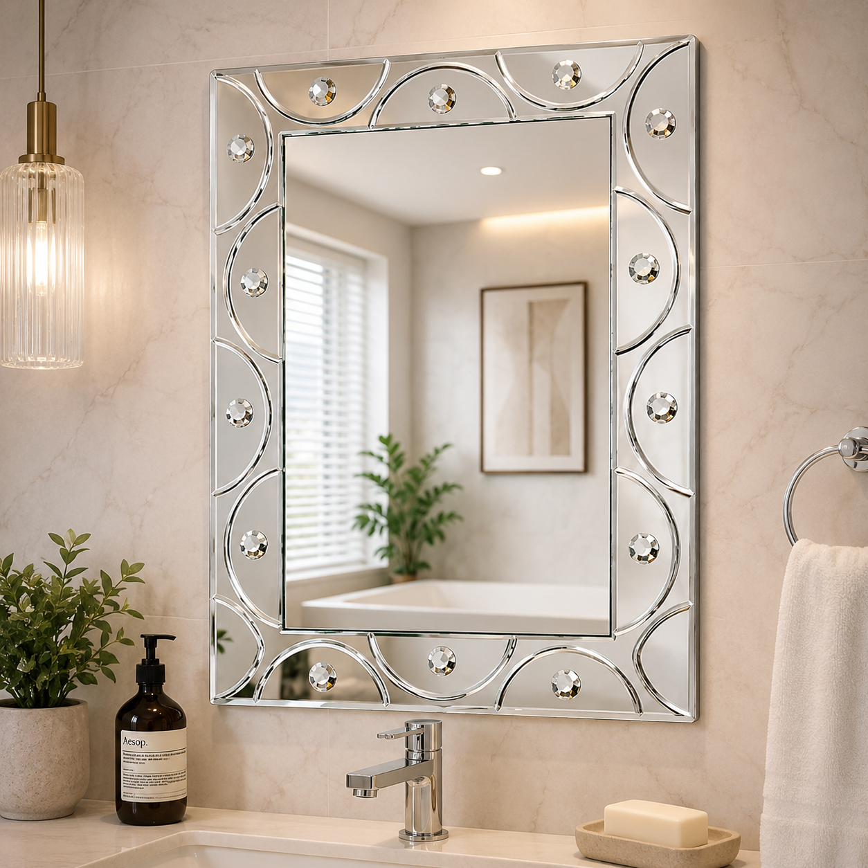 Decorative Wall Mirror for Bathroom, Living Room & Entryway, Premium Crystal Accent Beveled Glass Mirror, Modern Luxury Rectangular Vanity Mirror, Gold-x
