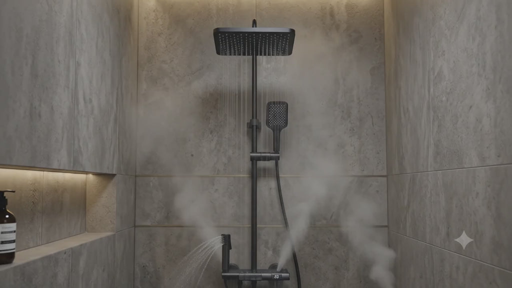 Premium Thermostatic Shower Panel, LED Display, Temperature Display Models, Rain Shower Set with Hand Shower & Bidet Spray, Matte Black