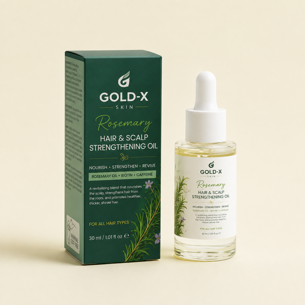 Gold-X Skin Rosemary Hair & Scalp Strengthening Oil shown with its dark green packaging box and a clear glass dropper bottle containing the oil, set against a solid cream background.