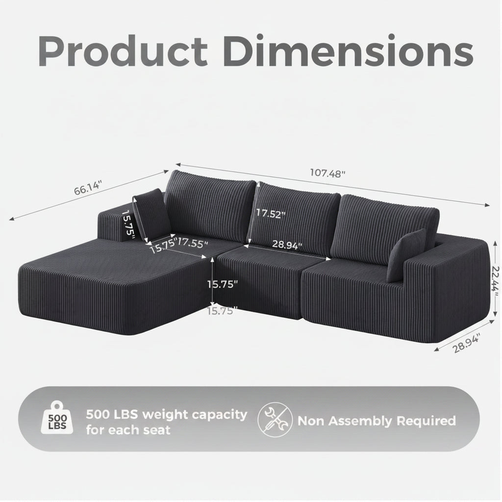 Product dimensions diagram of a dark gray ribbed sectional sofa on a light beige background, showing measurements for length, width, and height with text indicating 500 LBS weight capacity and non-assembly requirement.