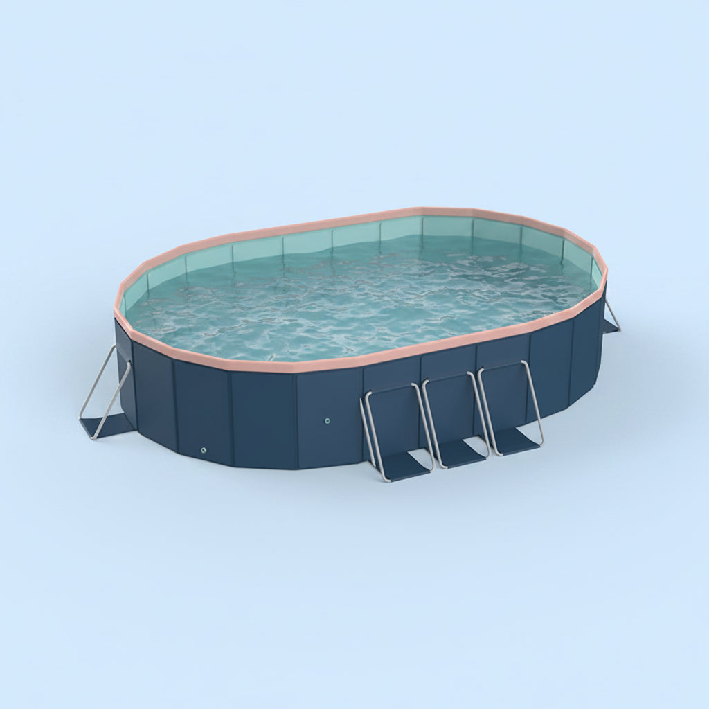 Portable above-ground pool with teal interior and navy exterior on a white background