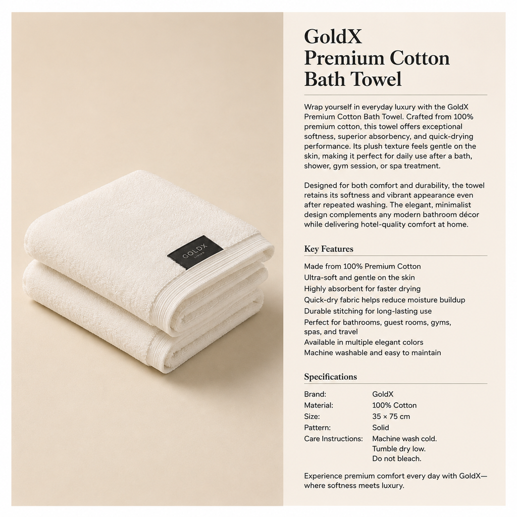 GoldX Premium 100% Cotton Bath Towel, Ultra Soft, Highly Absorbent & Quick Dry Luxury Bathroom Towel