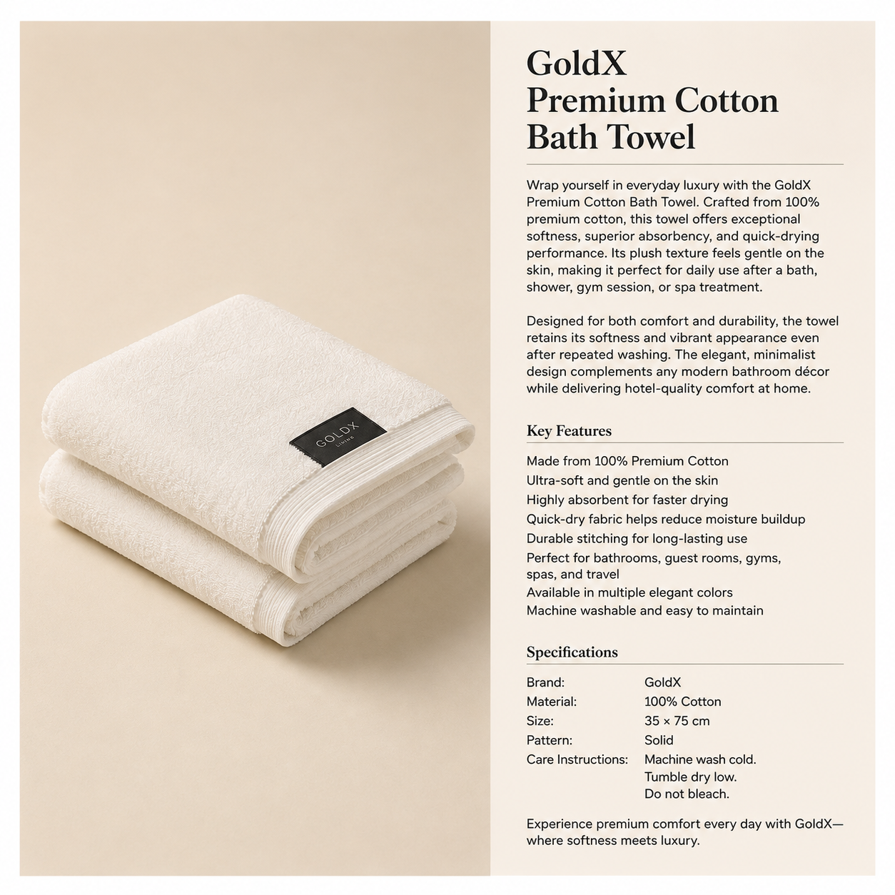 GoldX Premium 100% Cotton Bath Towel, Ultra Soft, Highly Absorbent & Quick Dry Luxury Bathroom Towel