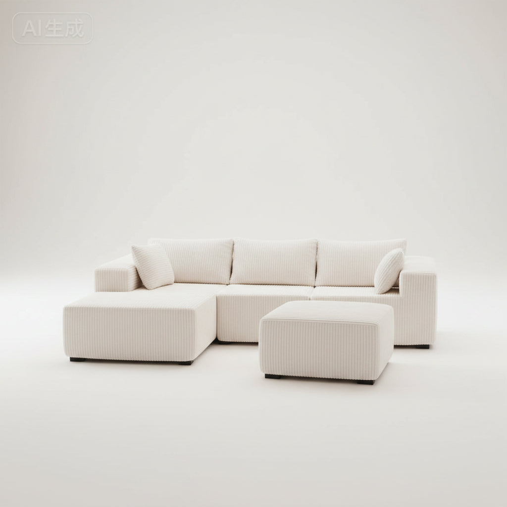 Modern living room with a white sectional sofa, round rug, and decorative plants.